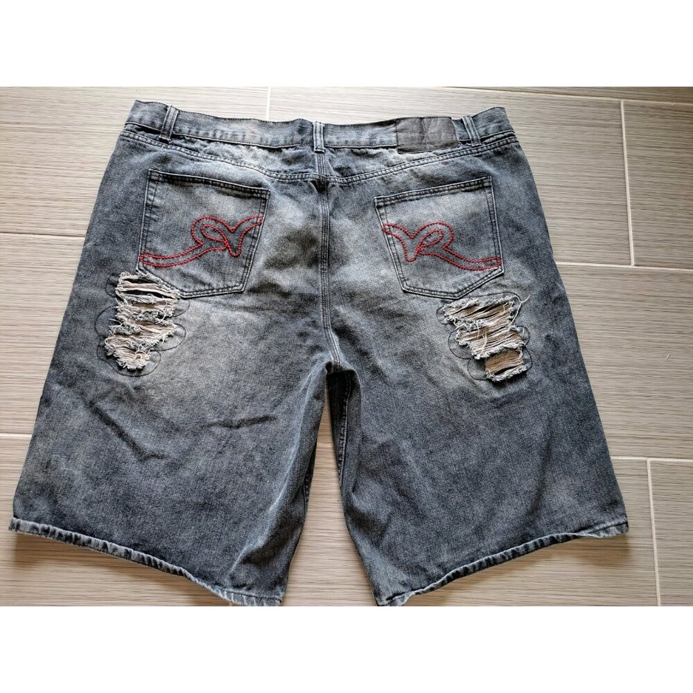 Rocawear Men's Size 50 Black Embroidered Logo Denim Shorts VTG Hip Hop Baggy Rap
